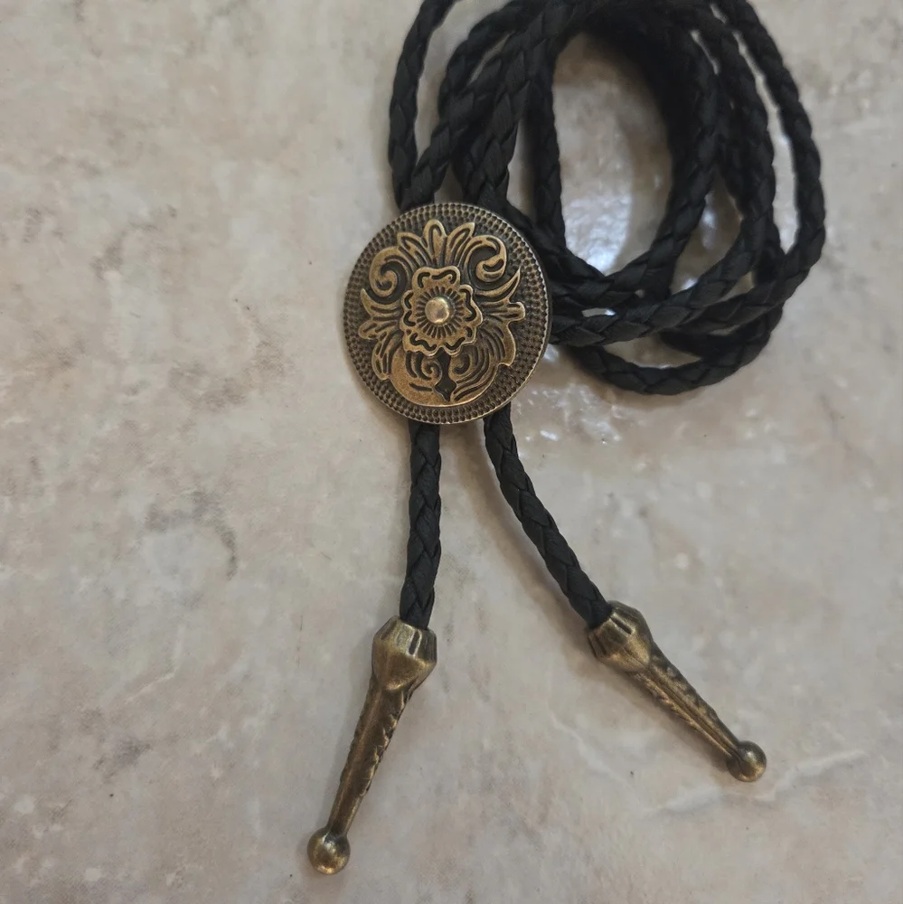 Western Black and Brass Color Bolo Tie Rodeo Wedding Party Cowboy Artsy Boho